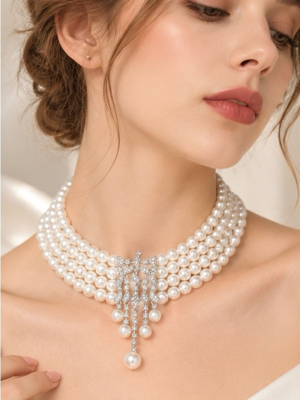 Multi-Strand Faux Pearl Statement Necklace with Crystal Tassel Centerpiece